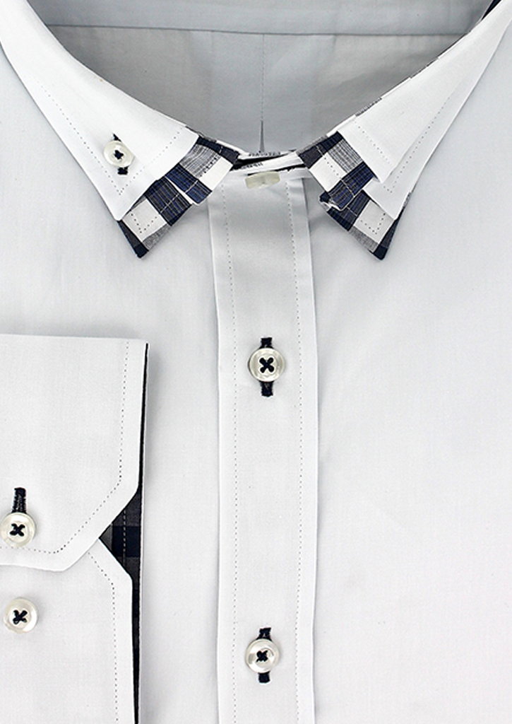 Chemise double col blanc à opposition carreaux bleu | Cotton Park