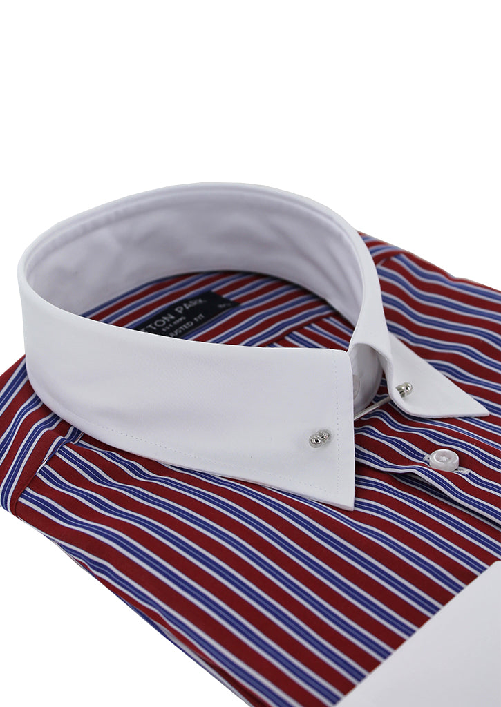 Fitted shirt with English collar and blue and red stick stripes 