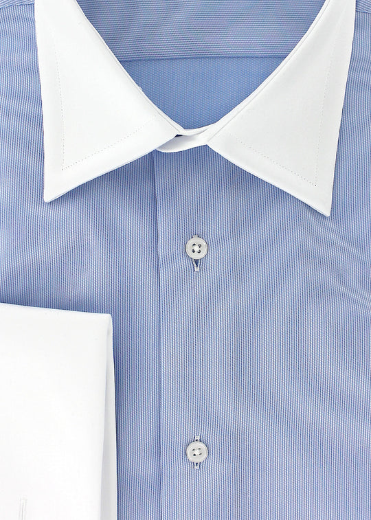 Sky blue cotton piqué shirt with white French collar and cuffs