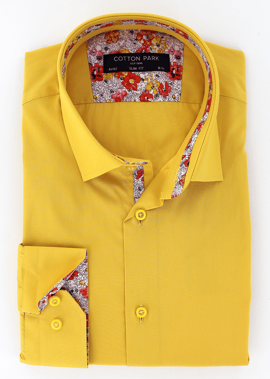 Chemise élégante pour homme coupe cintrée de couleur jaune opposition à motifs | Cotton Park