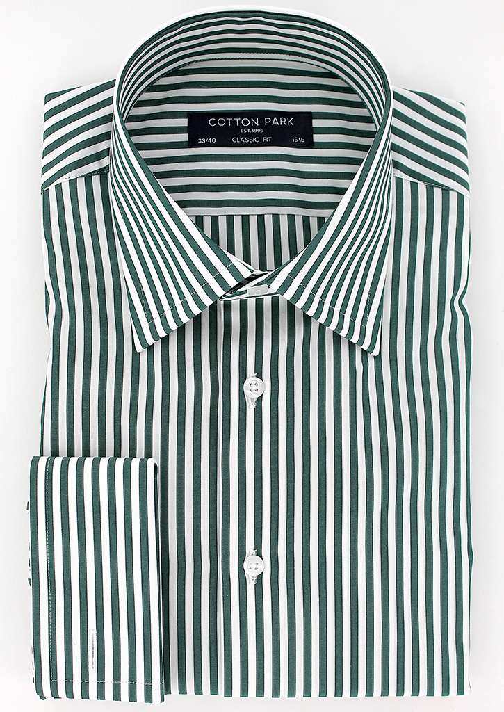 Chemise élégante pour homme à rayures vertes poignets mousquetaires | Cotton Park