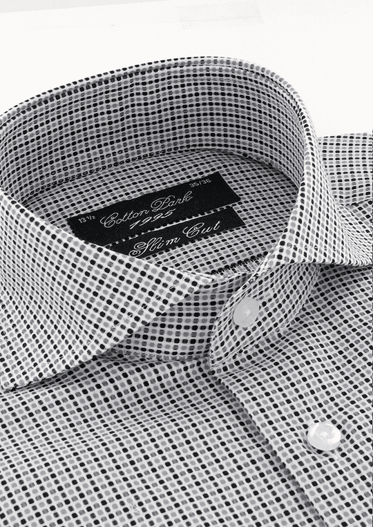White fitted shirt with black and gray patterns 