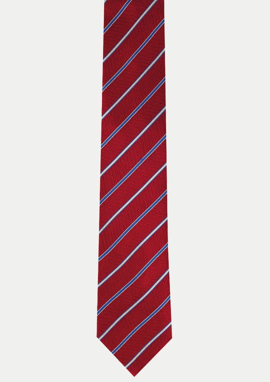Cravate club en soie rouge à rayures bleus et blancs | Cotton Park