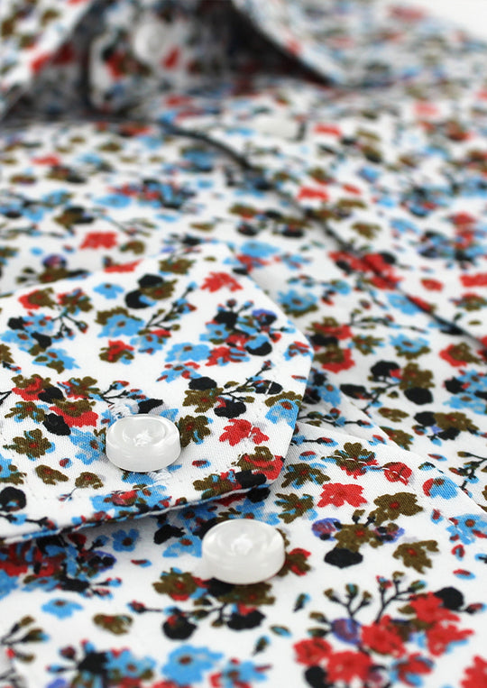 Fitted shirt with sky blue and khaki flowers 