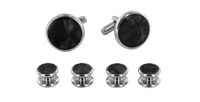 Matching silver and black mother-of-pearl cufflinks and plastron 