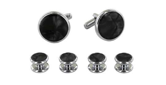 Matching silver and black mother-of-pearl cufflinks and plastron 