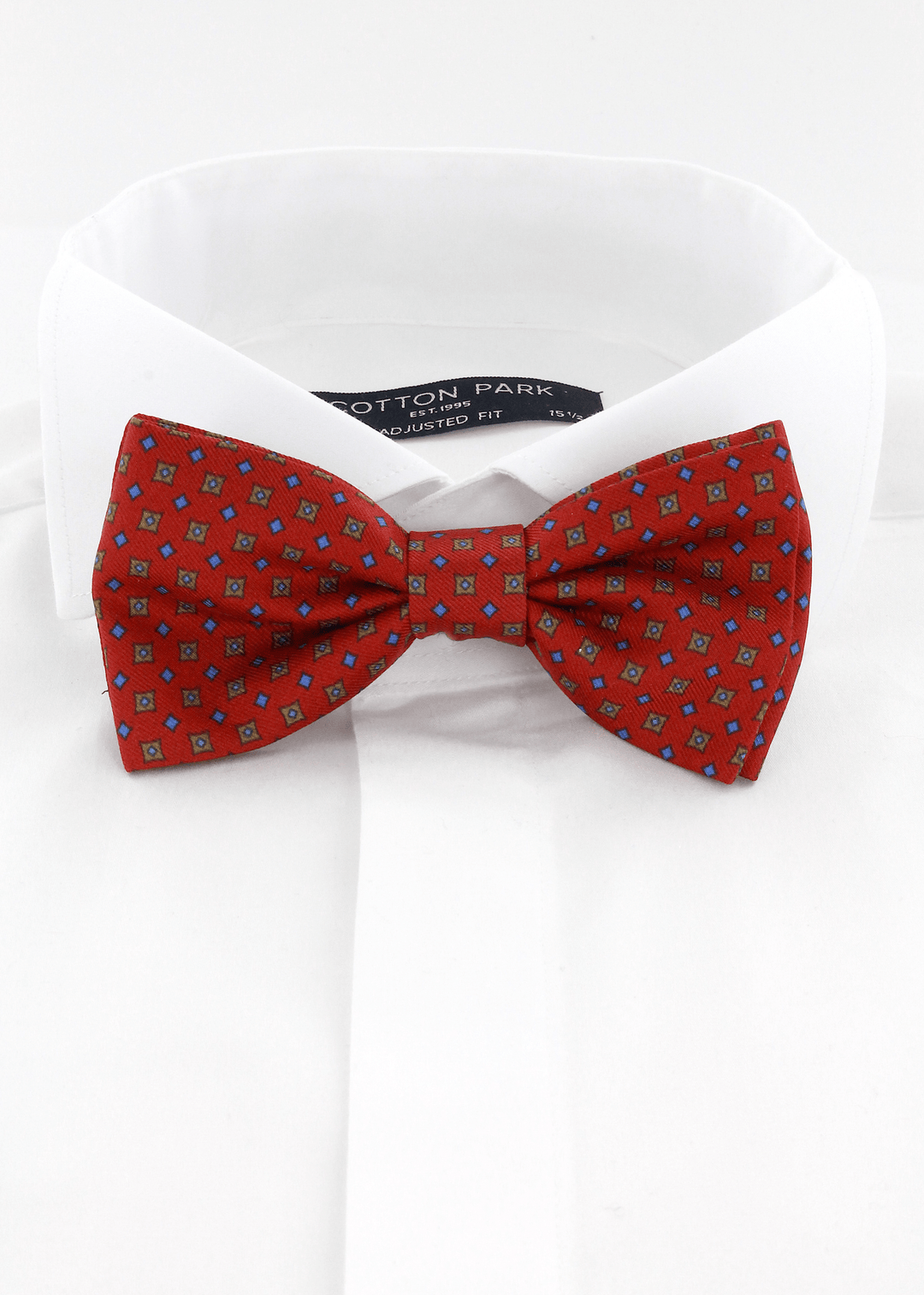 Noeud papillon élégant en soie rouge motifs carrés camel et ciel | Cotton Park